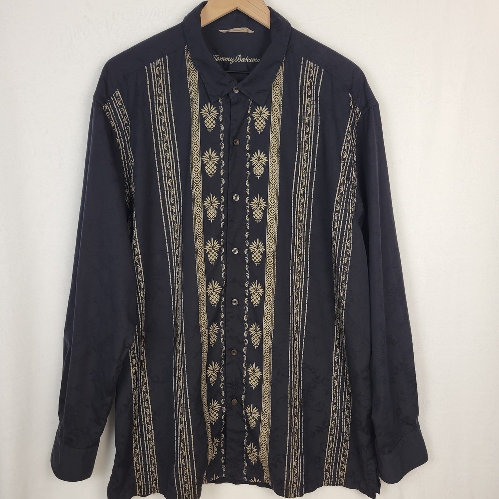 Tommy Bahama Men Embroidered Pineapple Panel Shirt Silk Blend Black Gold M‎